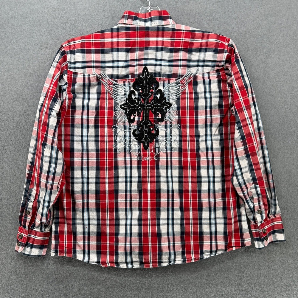 Patron Cito‎ Mens L Plaid Long Sleeve Button Up Shirt Western Cross Embroidered